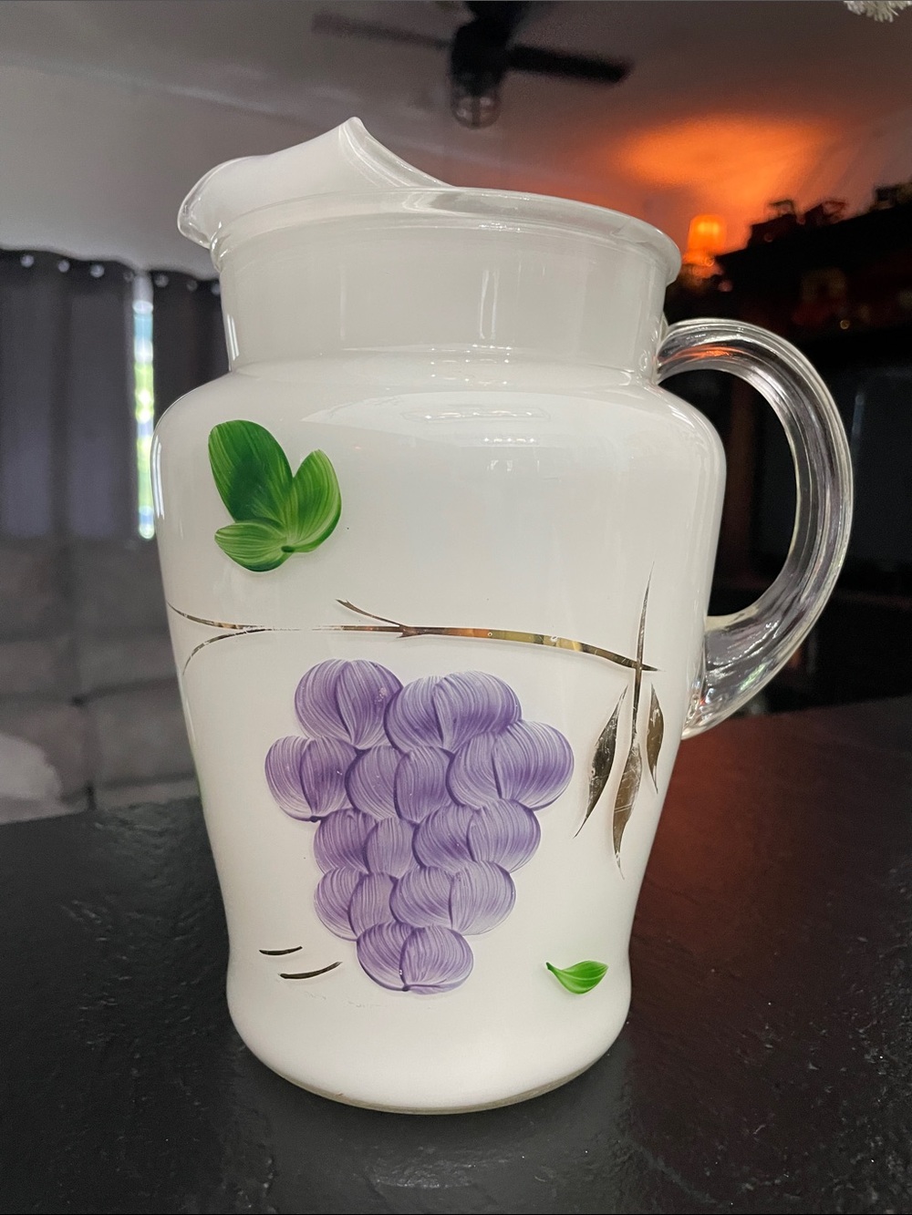 Bartlett Collins Milk Glass Pitcher with Purple Grape Motif